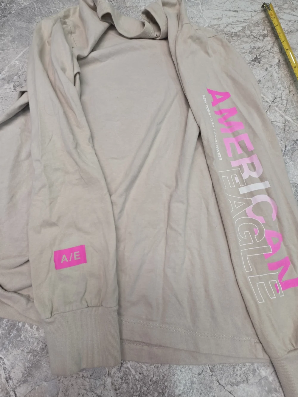 American Eagle Outfitters Tan And Pink Long-Sleeve Crewneck Graphic TShirt